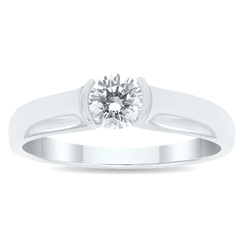 Women’s sparkly ring-AGS Certified 3/4 Carat Half Bezel Diamond Solitaire Ring in 10K White Gold