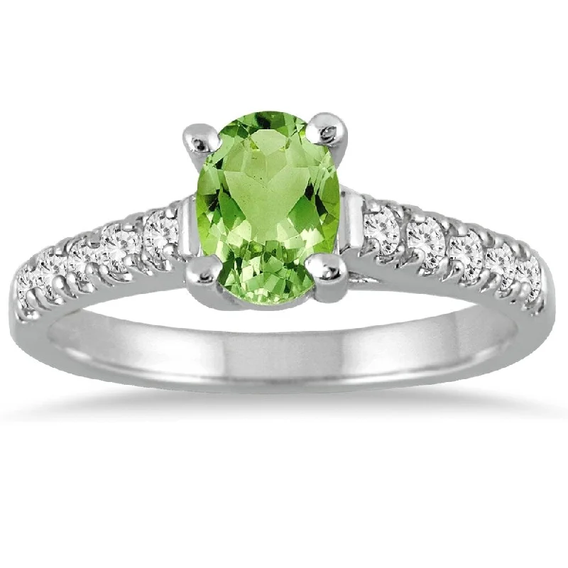 Women’s white gold diamond ring-1 Carat Oval Peridot and Diamond Ring in 14K White Gold