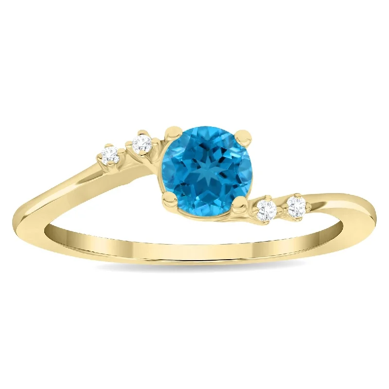 Women’s engraved wedding ring-Women's Round Shaped Blue Topaz and Diamond Tierra Ring in 10K Yellow Gold