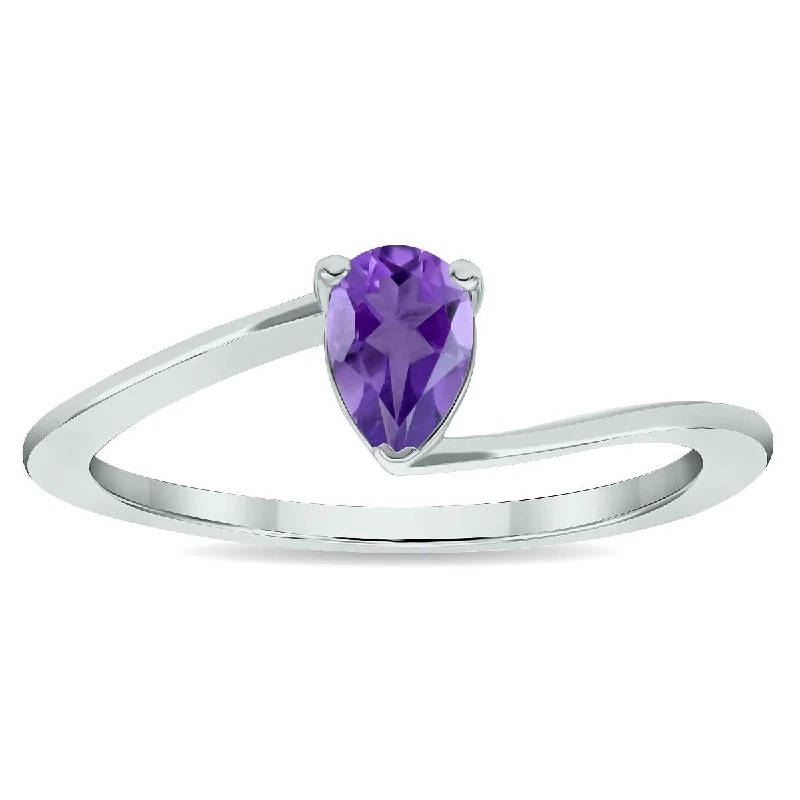 Women’s heart-shaped ring-Women's Solitaire Amethyst Wave Ring in 10K White Gold