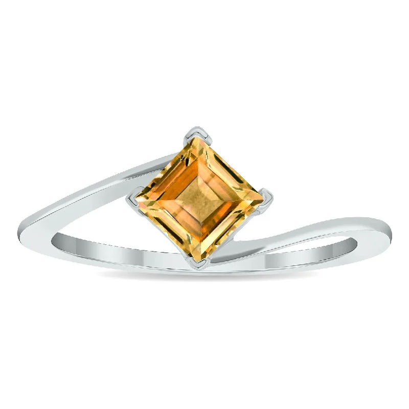 Women’s designer engagement ring-Women's Solitaire Citrine Wave Ring in 10K White Gold