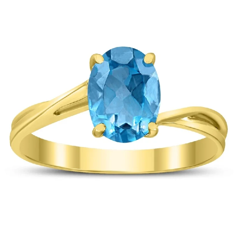 Women’s intricate ring-Solitaire Oval 8X6MM Blue Topaz Gemstone Twist Ring in 10K Yellow Gold