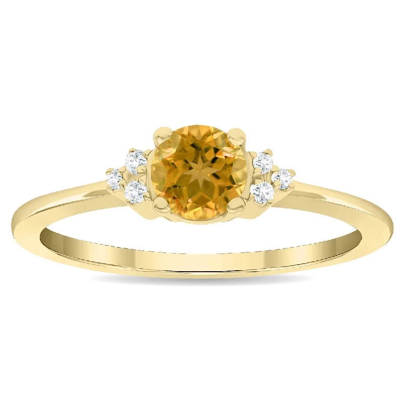 Women’s rose gold ring-Women's Round Shaped Citrine and Diamond Half Moon Ring in 10K Yellow Gold