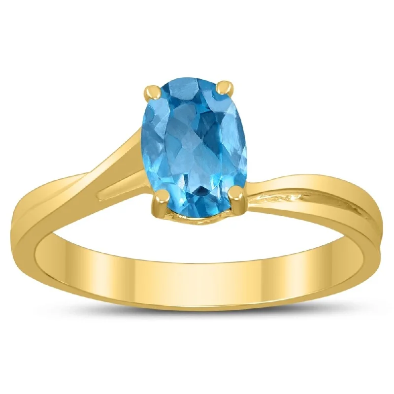 Women’s statement ring-Solitaire Oval 7X5MM Blue Topaz Gemstone Twist Ring in 10K Yellow Gold