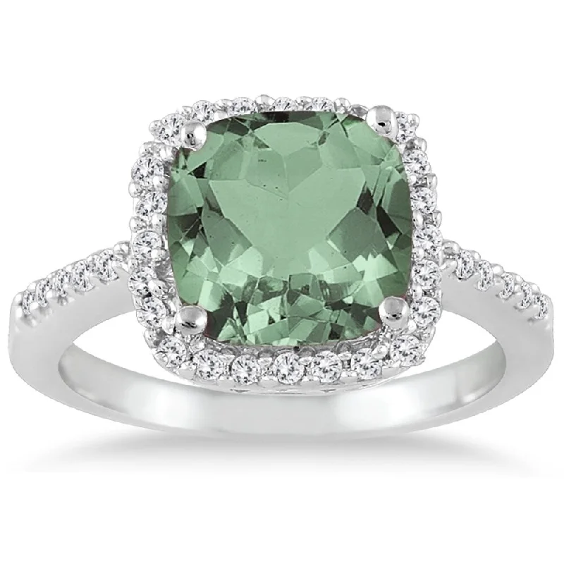 Women’s pinky ring-2 1/2 Carat Cushion Cut Green Amethyst and Diamond Ring 14K White Gold