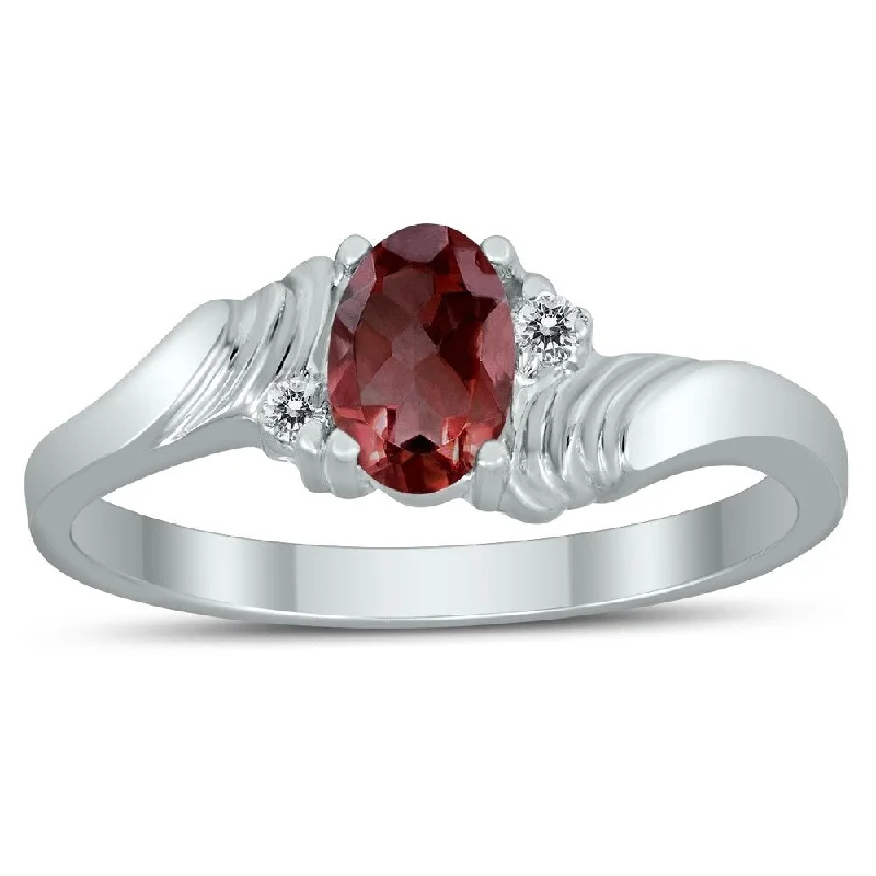 Women’s ruby ring-6X4MM Garnet and Diamond Wave Ring in 10K White Gold