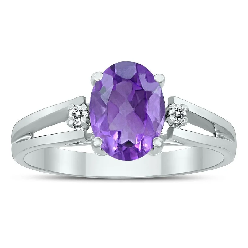 Women’s double band ring-8X6MM Amethyst and Diamond Open Three Stone Ring in 10K White Gold