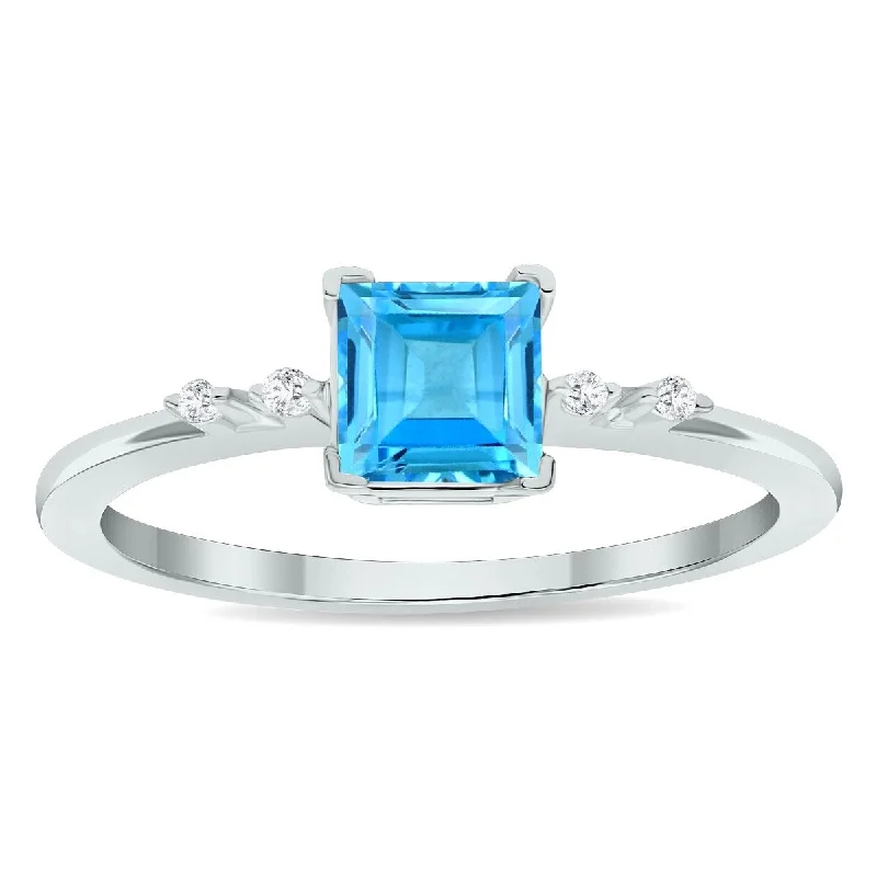 Women’s statement ring-Women's Blue Topaz and Diamond Sparkle Ring in 10K White Gold