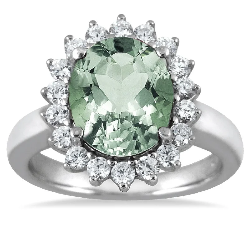 Women’s eco-friendly ring-4 Carat Green Amethyst and Diamond Ring in 14K White Gold