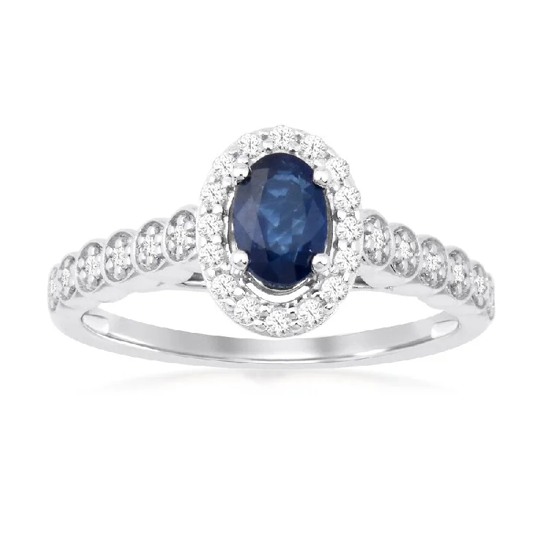 Women’s emerald and diamond ring-Oval Cut Sapphire Gemstone 1/5ct TDW Diamond Halo Ring in Silver