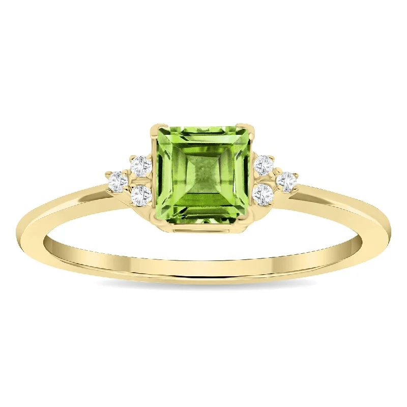 Women’s diamond ring-Women's Square Shaped Peridot and Diamond Half Moon Ring in 10K Yellow Gold