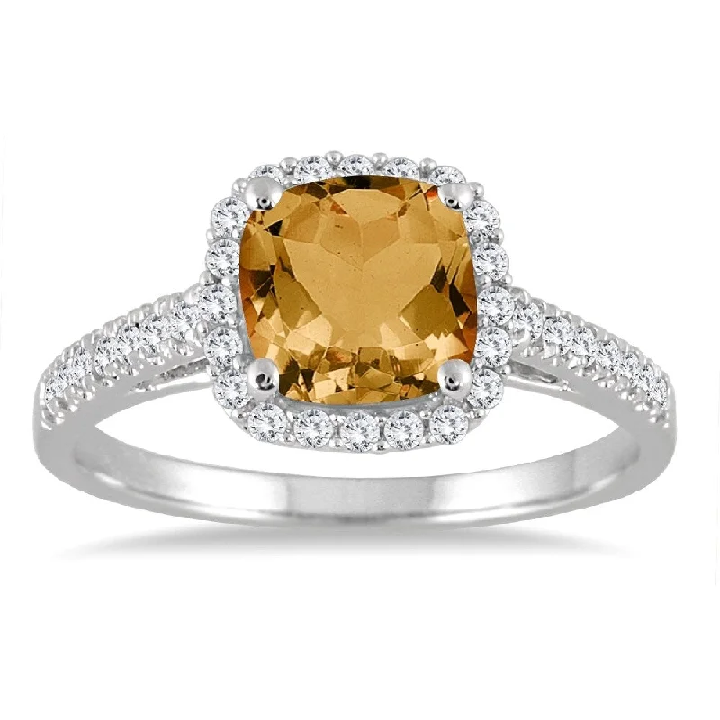 Women’s geometric ring-5MM Cushion Cut Citrine and Diamond Halo Ring in 10K White Gold