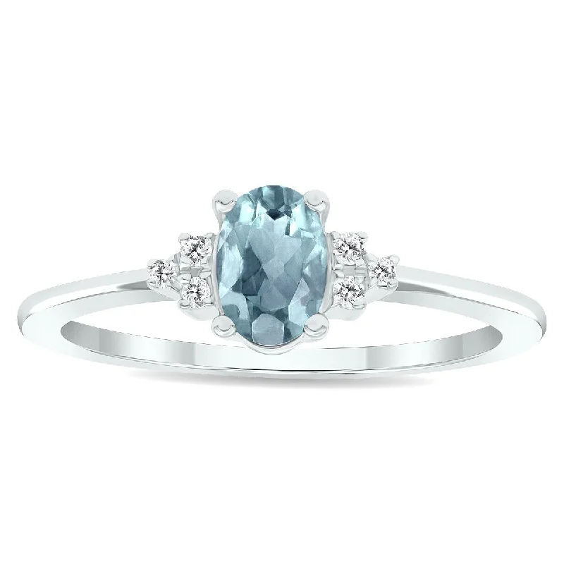 Women’s gemstone wedding ring-Women's Aquamarine and Diamond Half Moon Ring in 10K White Gold