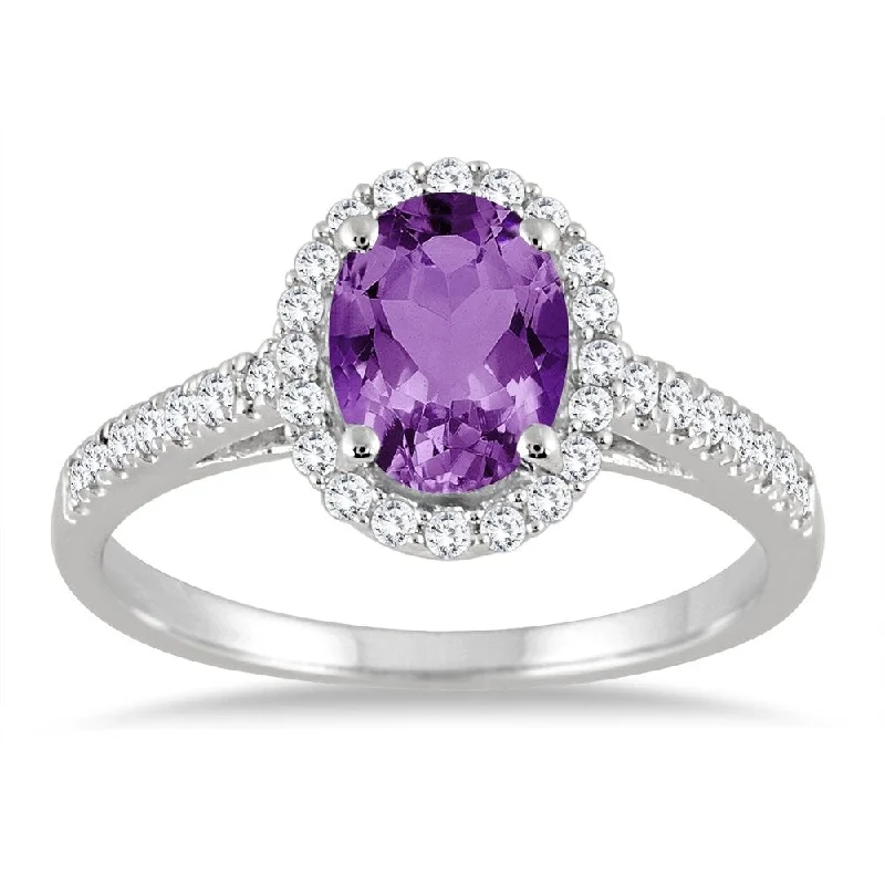 Women’s oval gemstone ring-Amethyst and Diamond Halo Ring in 10K White Gold