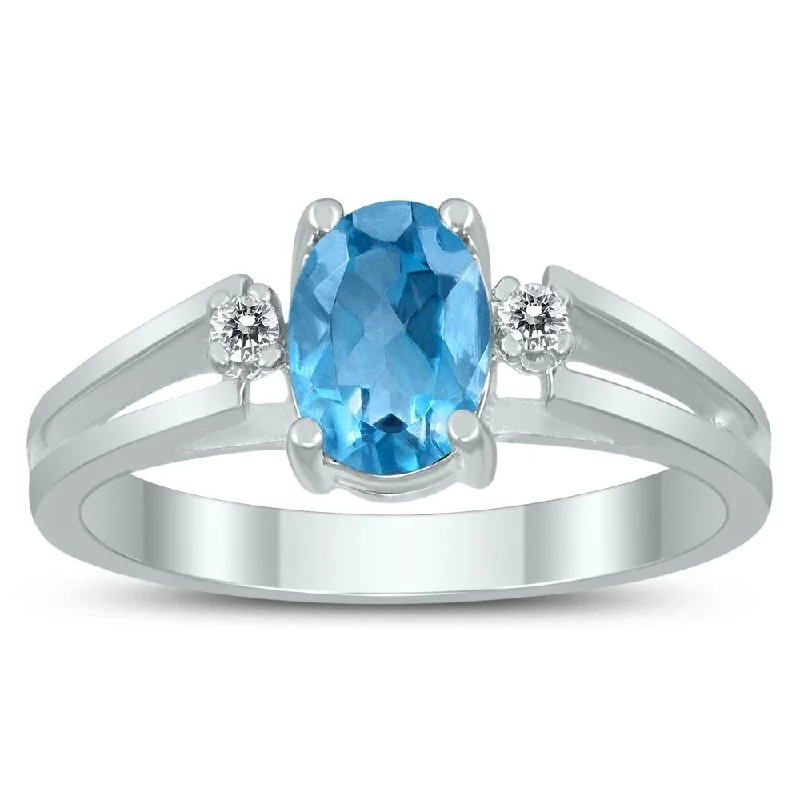 Women’s diamond eternity ring-7X5MM Blue Topaz and Diamond Open Three Stone Ring in 10K White Gold