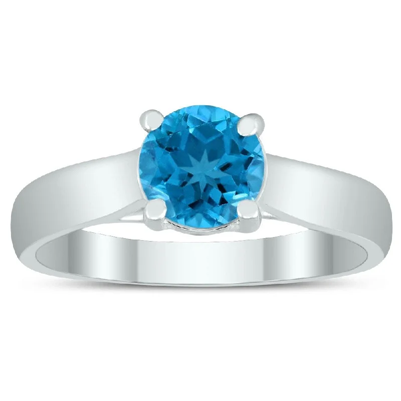 Women’s geometric ring-Round 6MM Blue Topaz Cathedral Solitaire Ring in 10K White Gold