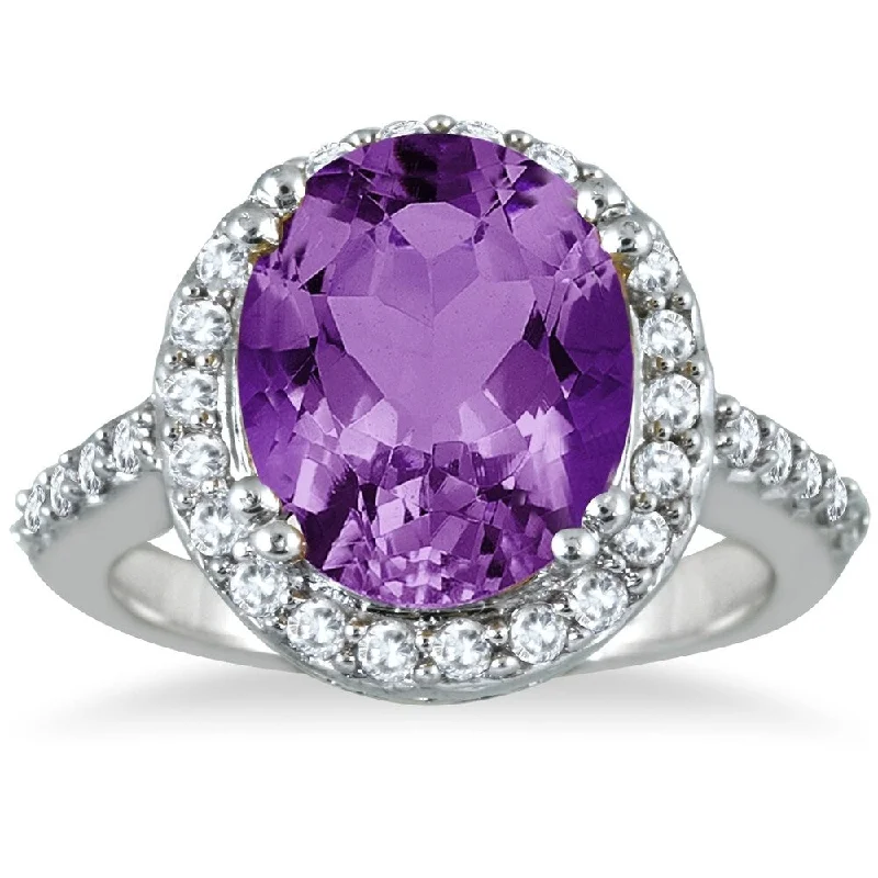 Women’s wedding ring-5 Carat Amethyst and Diamond Halo Ring in 14K White Gold