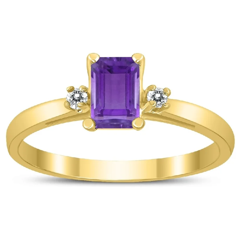 Women’s chic ring-Emerald Cut 6X4MM Amethyst and Diamond Three Stone Ring in 10K Yellow Gold