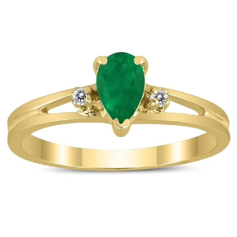 Women’s black diamond ring-6X4MM Emerald and Diamond Pear Shaped Open Three Stone Ring in 10K Yellow Gold