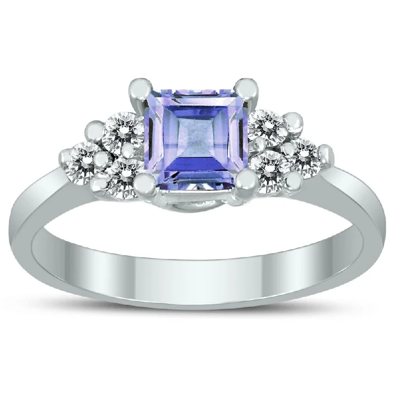 Women’s designer engagement ring-Princess Cut 5X5MM Tanzanite and Diamond Duchess Ring in 10K White Gold