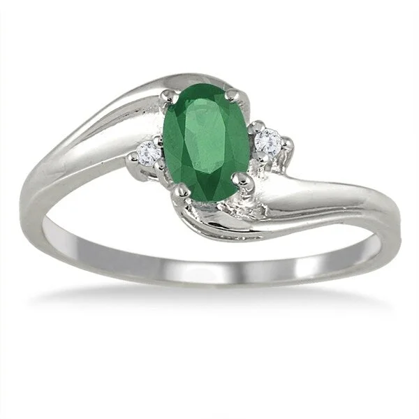 Women’s luxury wedding ring-Emerald Gemstone and Diamond Wave Ring 14k White Gold