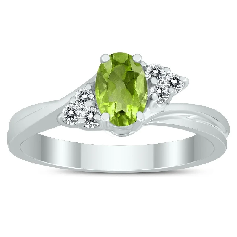 Women’s gold wedding ring-6X4MM Peridot and Diamond Twist Ring in 10K White Gold