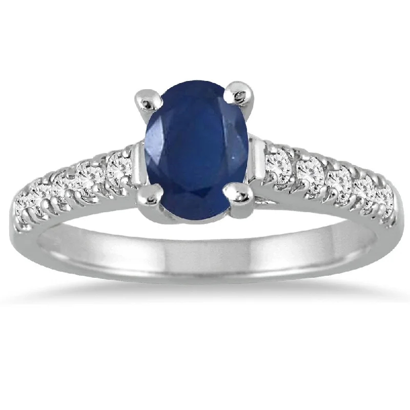 Women’s rose-cut ring-1 Carat Oval Sapphire and Diamond Ring in 14K White Gold