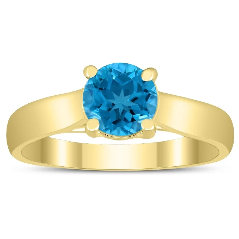 Women’s large gemstone ring-Round 6MM Blue Topaz Cathedral Solitaire Ring in 10K Yellow Gold