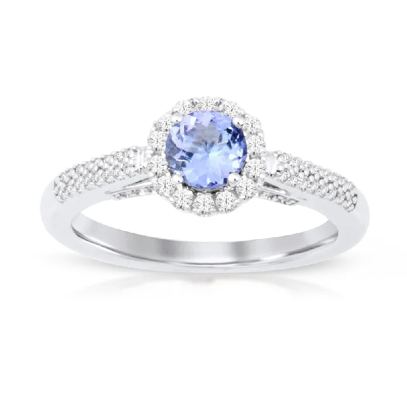 Women’s eternity ring-Round Cut Tanzanite Gemstone 1/4ct TDW Diamond Halo Ring in Silver