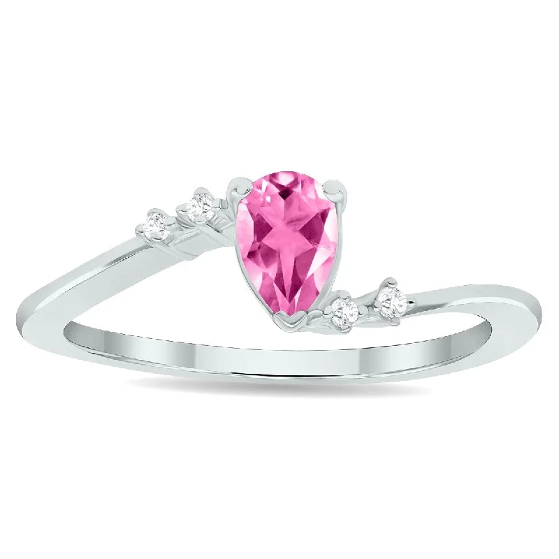 Women’s luxury wedding ring-Women's Pink Topaz and Diamond Wave Ring in 10K White Gold