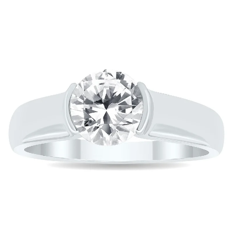 Women’s vintage ring-Marquee Certified 1 1/2 Carat Half Bezel Diamond Solitaire Ring in 10K White Gold