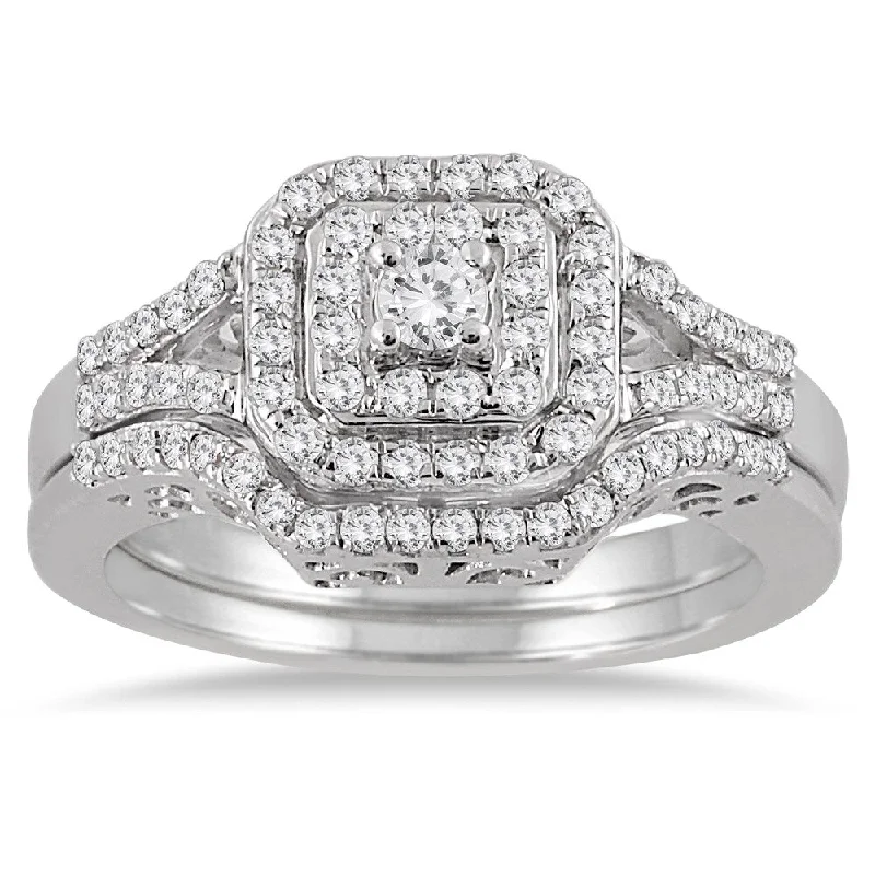 Women’s rose-cut ring-10k White Gold 3/5ct TDW Diamond Halo Bridal Ring Set