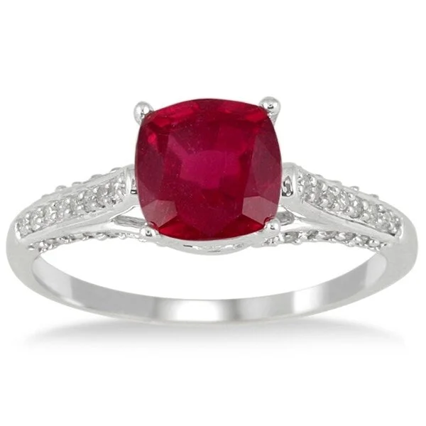 Women’s black diamond ring-2.25 Carat Cushion Cut Ruby and Diamond Ring in 10K White Gold