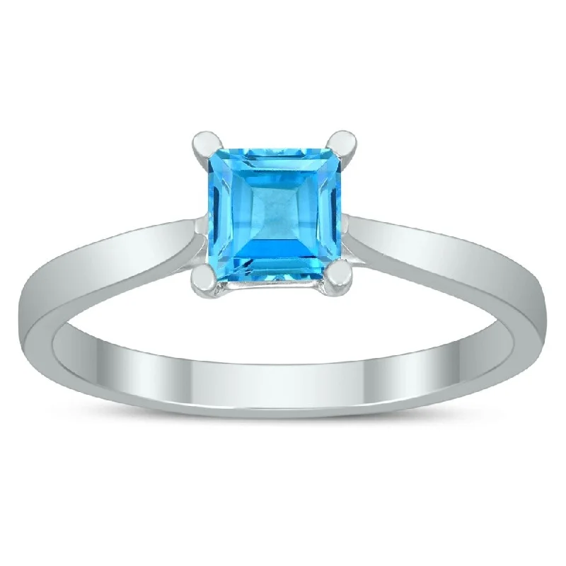 Women’s pinky ring-Square Princess Cut 5MM Blue Topaz Solitaire Ring in 10K White Gold