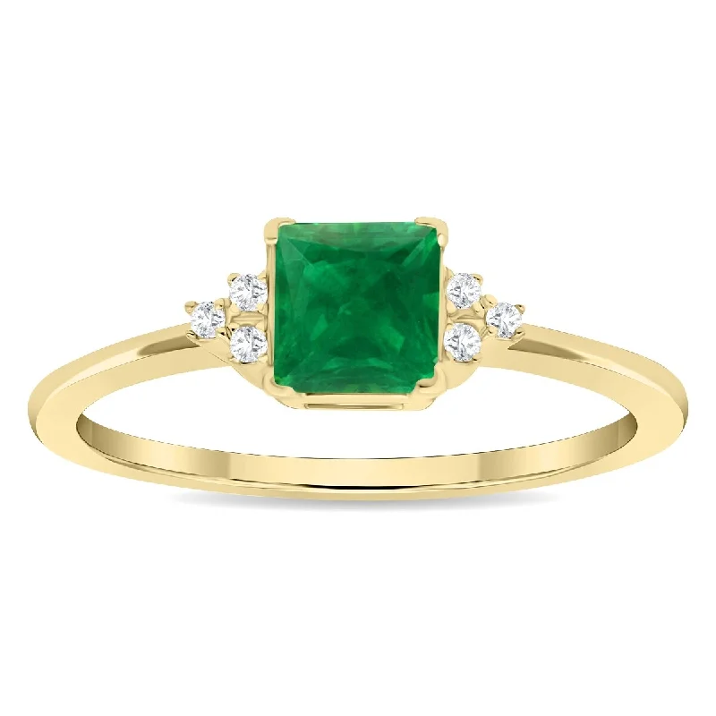 Women’s bold ring-Women's Square Shaped Emerald and Diamond Half Moon Ring in 10K Yellow Gold