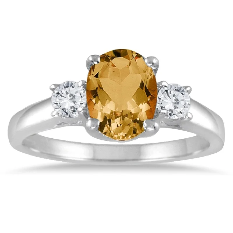 Women’s silver ring-1 3/4 Carat Citrine and Diamond Three Stone Ring 14K White Gold