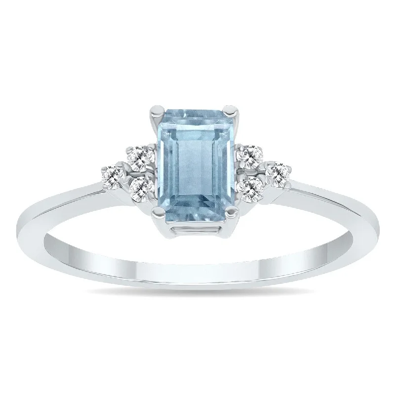 Women’s gemstone stacking ring-Aquamarine and Diamond Regal Ring in 10k White Gold