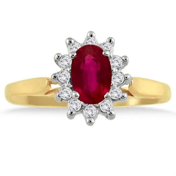 Women’s ruby engagement ring-6x4MM Ruby and Diamond Flower Ring in 10K Gold