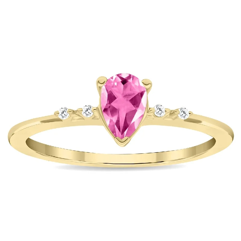 Women’s intricate ring-Women's Pear Shaped Pink Topaz and Diamond Sparkle Ring in 10K Yellow Gold