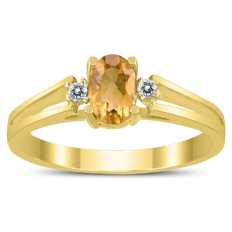 Women’s fancy ring-6X4MM Citrine and Diamond Open Three Stone Ring in 10K Yellow Gold