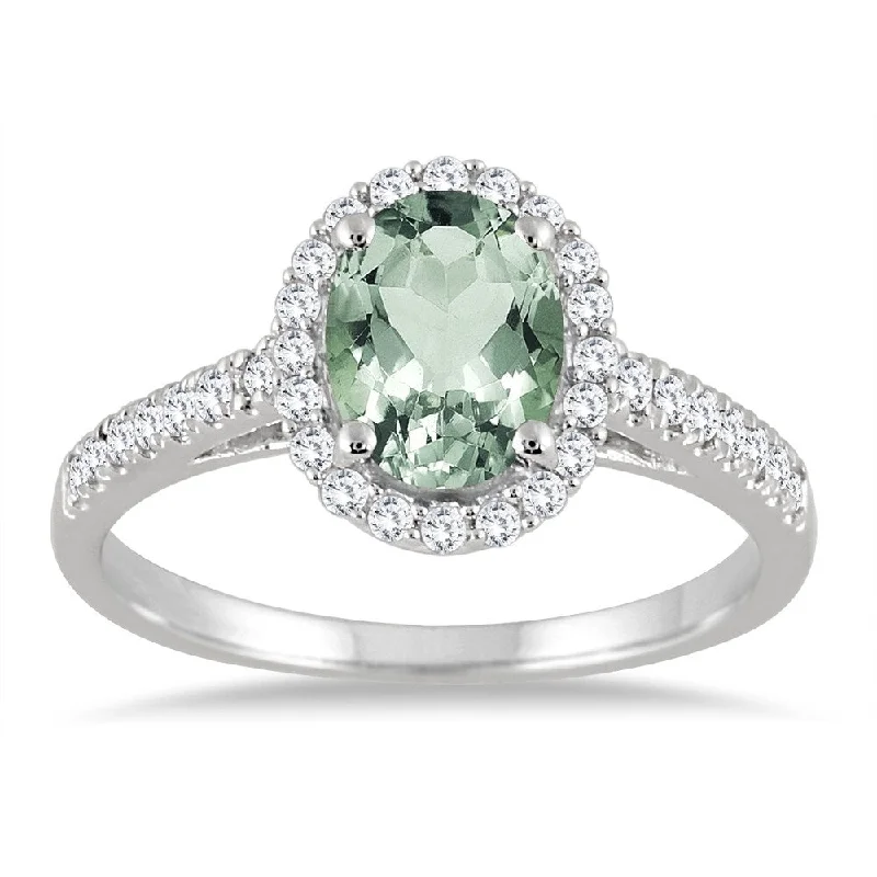 Women’s geometric ring-Green Amethyst and Diamond Halo Ring in 10K White Gold