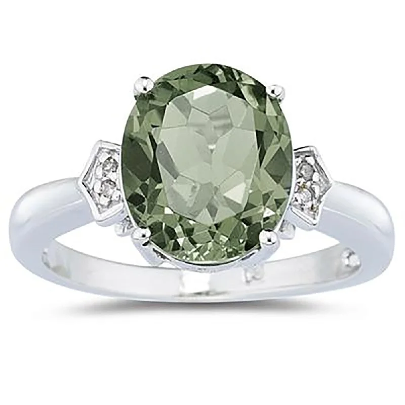 Women’s wedding ring set-Green Amethyst & Diamond Ring in 10k White Gold