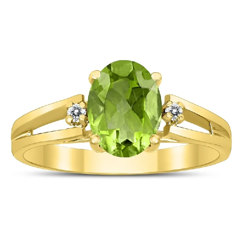 Women’s modern diamond ring-8X6MM Peridot and Diamond Open Three Stone Ring in 10K Yellow Gold