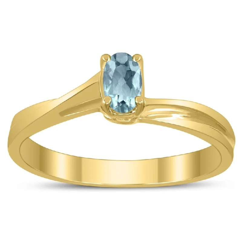 Women’s double ring-Solitaire Oval 5X3MM Aquamarine Gemstone Twist Ring in 10K Yellow Gold