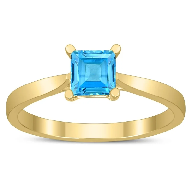 Women’s cubic zirconia ring-Square Princess Cut 5MM Blue Topaz Solitaire Ring in 10K Yellow Gold