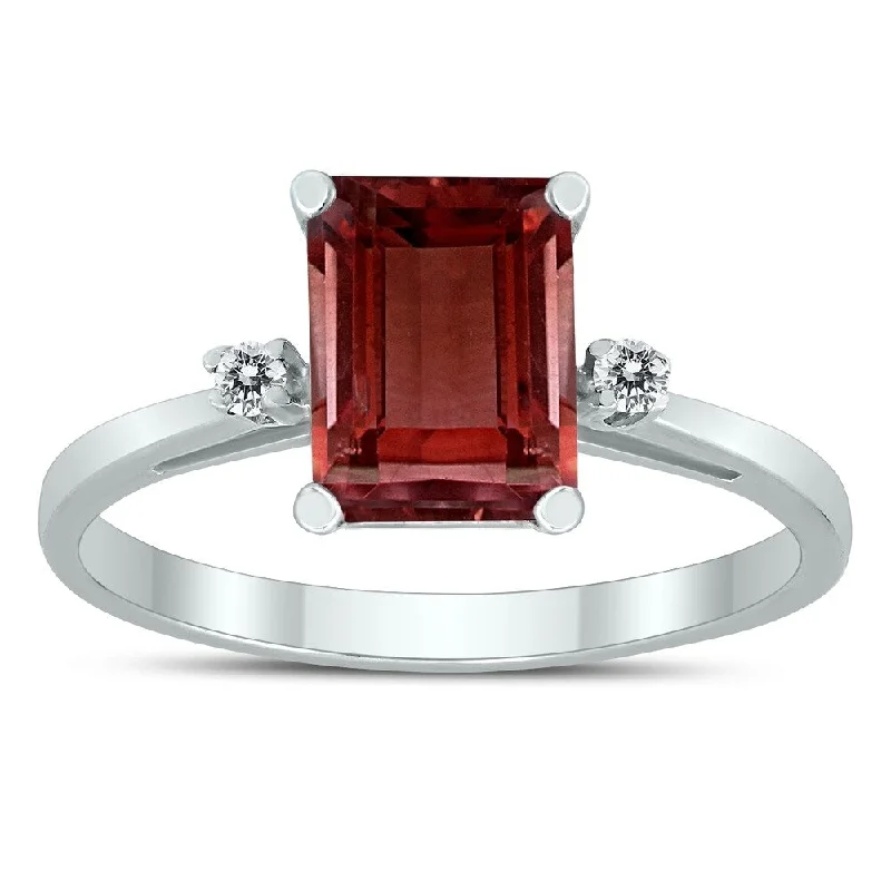 Women’s simple gold ring-Emerald Cut 8X6MM Garnet and Diamond Three Stone Ring in 10K White Gold