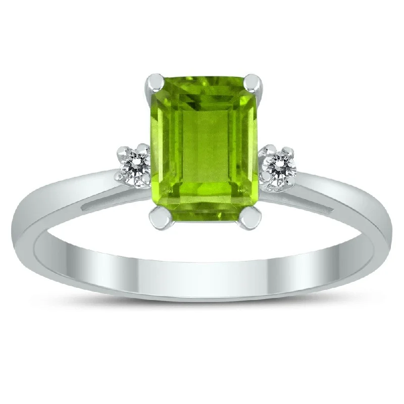 Women’s gemstone wedding ring-Emerald Cut 7X5MM Peridot and Diamond Three Stone Ring in 10K White Gold