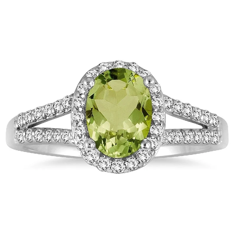 Women’s silver engagement ring-1 1/4 Carat Oval Peridot and Diamond Ring in 10K White Gold