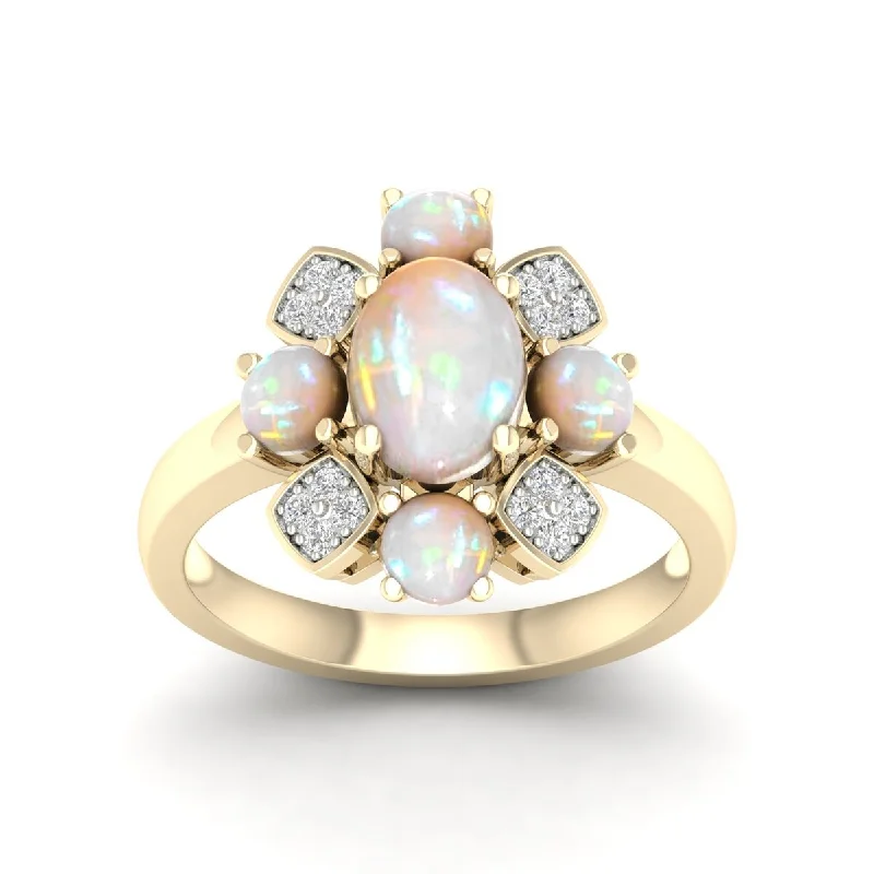 Women’s heart-shaped ring-10K Yellow Gold Oval Cut Ethiopian Opal Gemstone and 1/10Ct Diamond Cocktail Ring