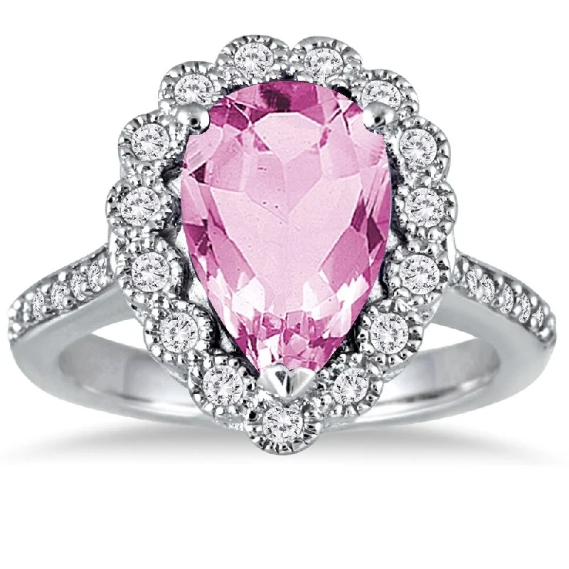 Women’s anniversary ring-5 Carat Pear Shape Pink Topaz and Diamond Ring in 14K White Gold